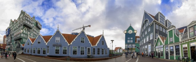 Panoramic photo 5 blue modern buildings in the traditional style of historic houses in a row and