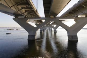 Architecture, view under a modern bridge, Montreal, Province of Quebec, Canada, North America
