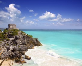 Ancient Mayan ruins Tulum Caribbean turquoise sea direct high view