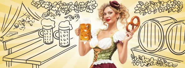 Beautiful sexy Oktoberfest waitress wearing a traditional Bavarian dirndl dress holding a pretzel