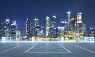 Empty parking lot with ev chargers glowing against the backdrop of singapore's illuminated skyline