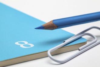 Organizer for the month of August, blue pencil and white paperclip on the white table