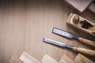 Variation of woodworker??™s working tools on wood board construction concept