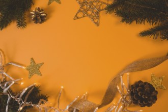 Top view of Christmas decoration, place for greetings, border design