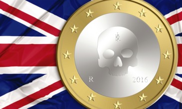 UK flag and an euro coin with skeleton inside. Financial concept for leave and exit from europe,