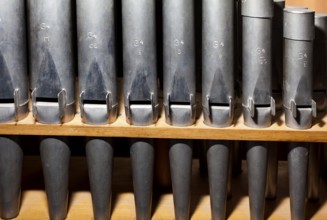 Detail of a portative organ, Organ Museum Borgentreich, Höxter district, North Rhine-Westphalia,