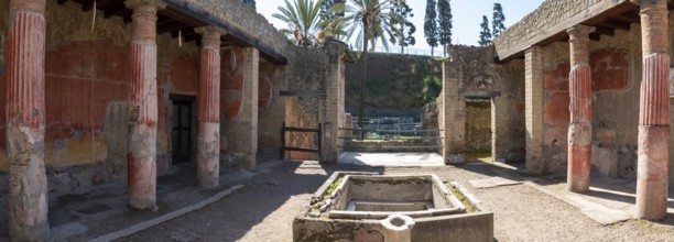 HERCULANEUM, ITALY, MAY 05, 2022, Panoramic view of the garden of the Casa dei Cervi in Herculaneum