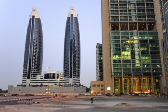 Modern architecture in the evening light, Financial Centre, Dubai, United Arab Emirates, Asia