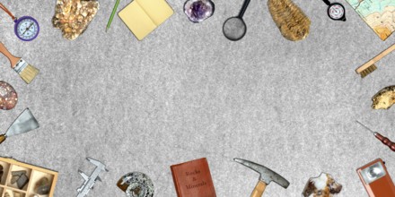 Topview of Set Fieldwork Geology Tools on Gray Background