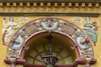 Detail of the coloured Renaissance entrance portal of the Alte Raths-Apotheke from 1598 in the