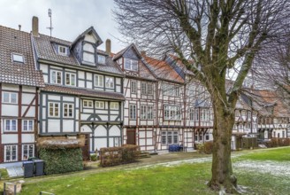 Street with decorative half-timbered houses in Lemgo city center, Germany, Europe