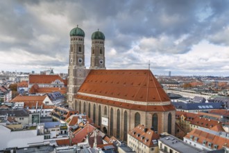 Frauenkirche (Cathedral of Our Dear Lady) is a church in Munich, Bavaria, Germany. Aerial view from