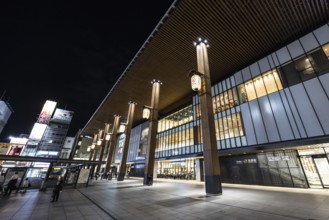 NAGANO, JAPAN - SEPTEMBER 17 2024: The beautiful architecture of Nagano Train Station at night in