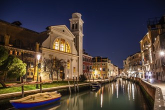 Church and houses on a canal, night shot, Venice, Venezia, Italy, Europe