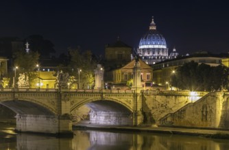View of Ponte Vittorio Emanuele II and St. Peter's Basilica in evening, Rome
