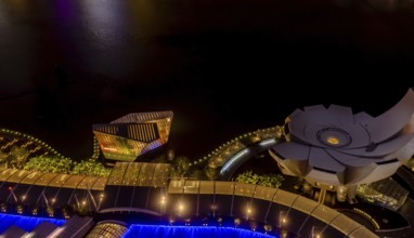 Singapore City, Singapore, January 23, 2019: Night aerial view of ArtScience Museum and Louis