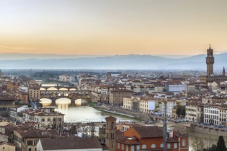 View of Florence with Ponte Vecchio on the sunset from Michelangelo hill, Italy, Europe