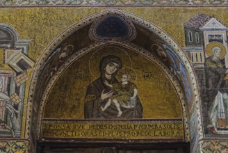 Madonna and Child mosaic on the west wall of the Cathedral, Monreale, Sicily, Italy, Europe