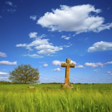 The Way of Saint James cross in Palencia cereal fields of Spain