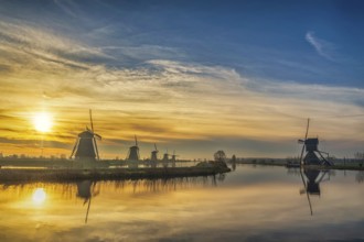 Rotterdam Netherlands, sunrise nature landscape of Dutch Windmill at Kinderdijk Village