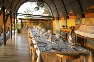 Set table in the restaurant, Okuti Camp, Moremi Game Reserve, Okavango Delta, Maun, Botswana,