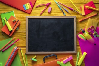 Back to school supplies arrangement vivid colorful neon color in yellow background desk