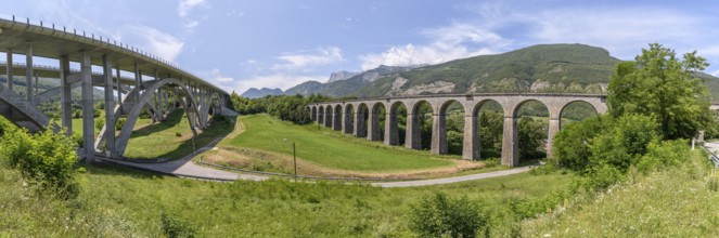 Crozet railway viaduct and Crozet motorway viaduct in Isère. France. A51 motorway. City of Vif