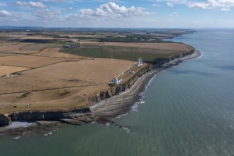 Aerial landscape view of the Nash Point Lighthouse and Monknash Coast in South Wales, United