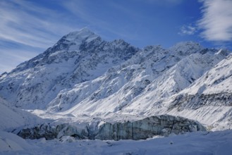 Mount Cook and Hooker Glacier, end of Hooker Valley Track, Mount Cook National Park, New Zealand,