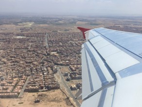 Aerial view of the Moroccan landscape and downtown Marrakesh