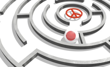 Image relative to politic situation in Japan. National flag textured sphere in labyrinth. 3d