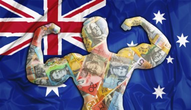 Abstract business background. Concept of powerful Australian Dollar. Australia Flag and bodybuilder