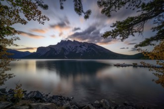 Beautiful autumn landscape scene in lake and mountain in background in west Canada