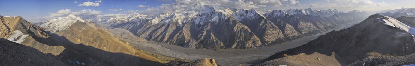 Scenic panorama of Engilchek glacier in picturesque Tian Shan mountain range in Kyrgyzstan