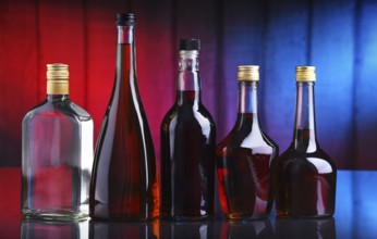 Composition with bottles of assorted alcoholic beverages