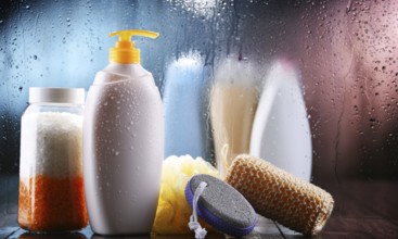 Different containers of body care products in the bathroom