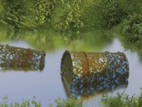 Two barrels of hazardous waste are rotting in the wild, conceptual 3d rendering