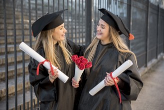Medium view friends with bouquet roses graduation