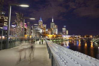 Melbourne skyline as seen at dusk from Queens Bridge near Southbank in Melbourne, Victoria,