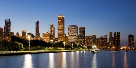 Chicago, USA, 12 July: The Chicago skyline just after sunset on a hot summer's day in Illinois,