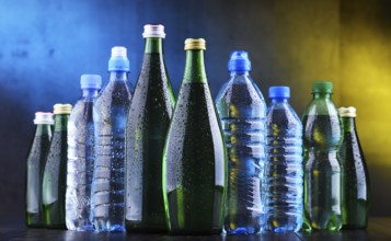Composition with different sorts of bottles containing mineral water