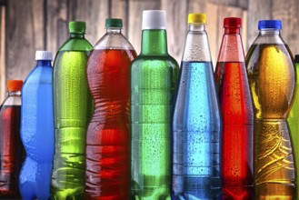Plastic bottles of assorted carbonated soft drinks in variety of colors