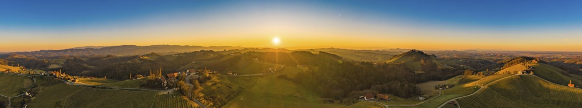 Panorama of Vineyards near Gamlitz Sulztal area south Styria, wine country. Sunny landscape of