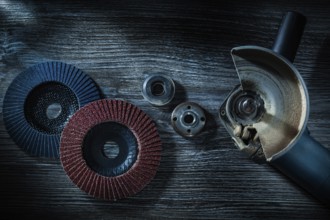 Radial grinding discs for angle grinders on an old wooden board