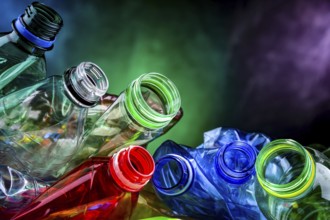 Empty colored drink bottles. Recyclable plastic waste
