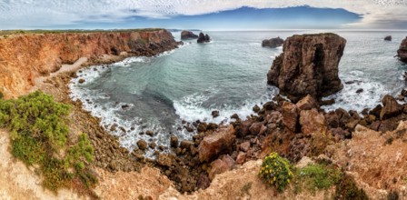 Rocky coastline in the Costa Vicentina natural park at the Atlantic Ocean at the Algarve, Portugal,
