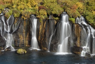 Waterfall Hraunfossar, river Hvita, Iceland, Europe