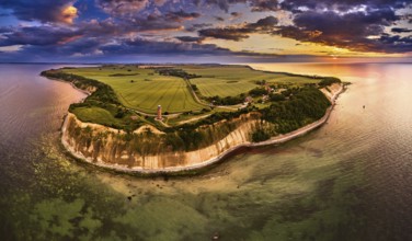 Drone view of lighthouses in sunset from northern part of island of Ruegen, called Kap Arkona
