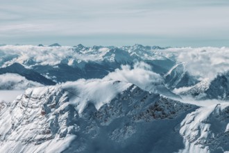 Mountain panorama from the viewing platform on the Zugspitze. German and Austrian ski areas