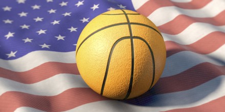 A basket ball lies on an US flag